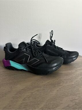 New Balance Women’s Black Athletic Sneakers with Teal & Purple Heel Accents